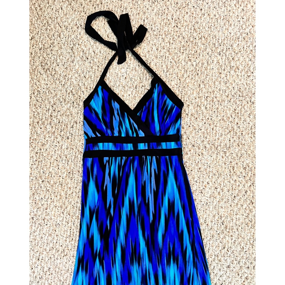 Halter Maxi Dress, short, blue/black, v-neck, stretch ribbed back, Apt. 9